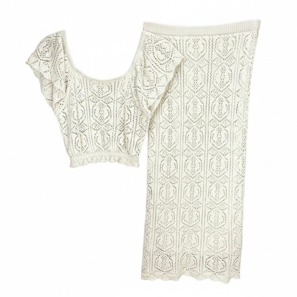 NWT FRESHMAN 1996 CROCHET KNIT 2-Piece CROP TOP & MIDI SKIRT Set Cream MEDIUM